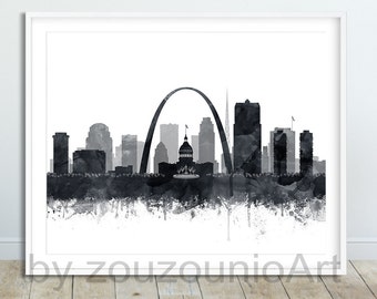 St Louis Print, St Louis Skyline Poster, St Louis Black White Watercolor, Missouri Cityscape, Modern Wall Art, Home Office Decor Printable