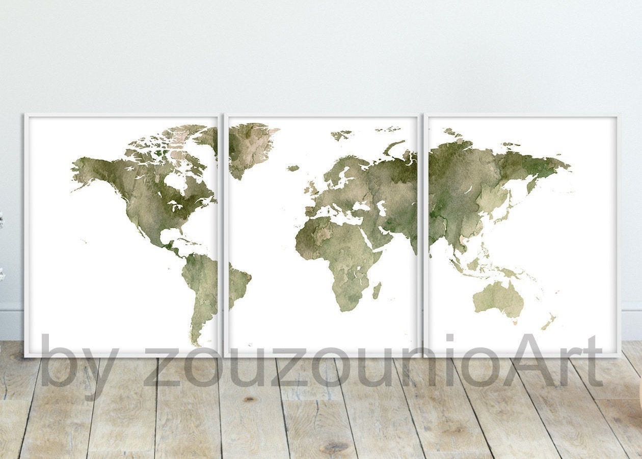 World Map Watercolor Prints, World Map Set of 3, Watercolor Sage Green ...