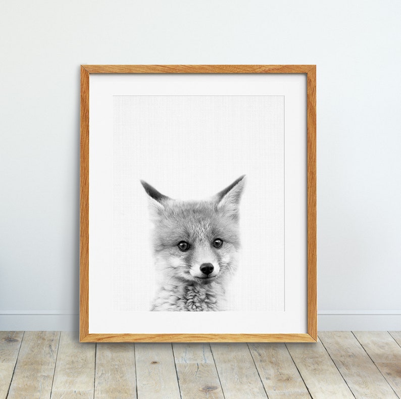 Fox Print, Fox Pup Cub Kit, Woodland Nursery Wall Art, Black And White Animals Print, Baby Animals, Kids Room Decor, Digital Printable image 1