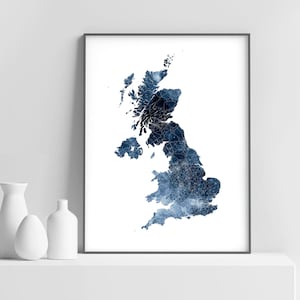 Great Britain Art Print, UK Wall Art, Navy Blue Watercolor Map Great Britain, UK Watercolor Art Poster, Modern, Home Office Decor, Printable