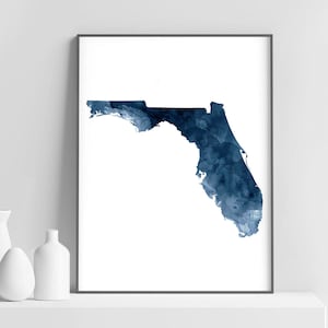 Florida State kaart afdrukken, Florida kaart aquarel marineblauwe kunst poster, moderne kunst aan de muur, USA State poster, Home Office decor, afdrukbare kunst