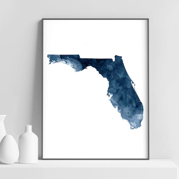 Florida State Map Print, Florida Map Watercolor Navy Blue Art Poster, Modern Wall Art, USA State Poster, Home Office Decor, Printable Art