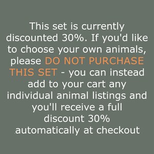 May include: Text on a green background that reads: This set is currently discounted 30%. If you'd like to choose your own animals, please DO NOT PURCHASE THIS SET - you can instead add to your cart any individual animal listings and you'll receive a full discount 30% automatically at checkout.
