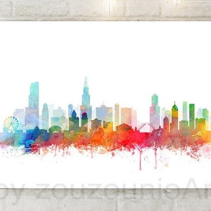 Chicago Skyline Art Print, Watercolor Art Poster, Chicago Illinois Cityscape, Abstract, Modern Wall Art, Home Office Decor, Printable Art