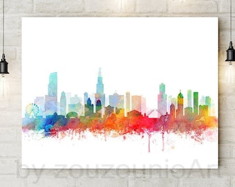 Chicagos skyline konsttryck, akvarellkonstposter, Chicago Illinois stadslandskap, abstrakt, modern väggkonst, hemmakontorsinredning, utskrivbar konst
