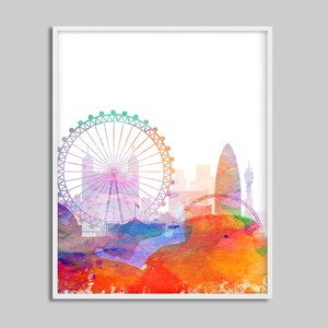 May include: A watercolor painting of the London skyline, featuring the London Eye, Big Ben, and the Shard. The painting is done in a vibrant palette of colors, including red, orange, yellow, green, blue, and purple.