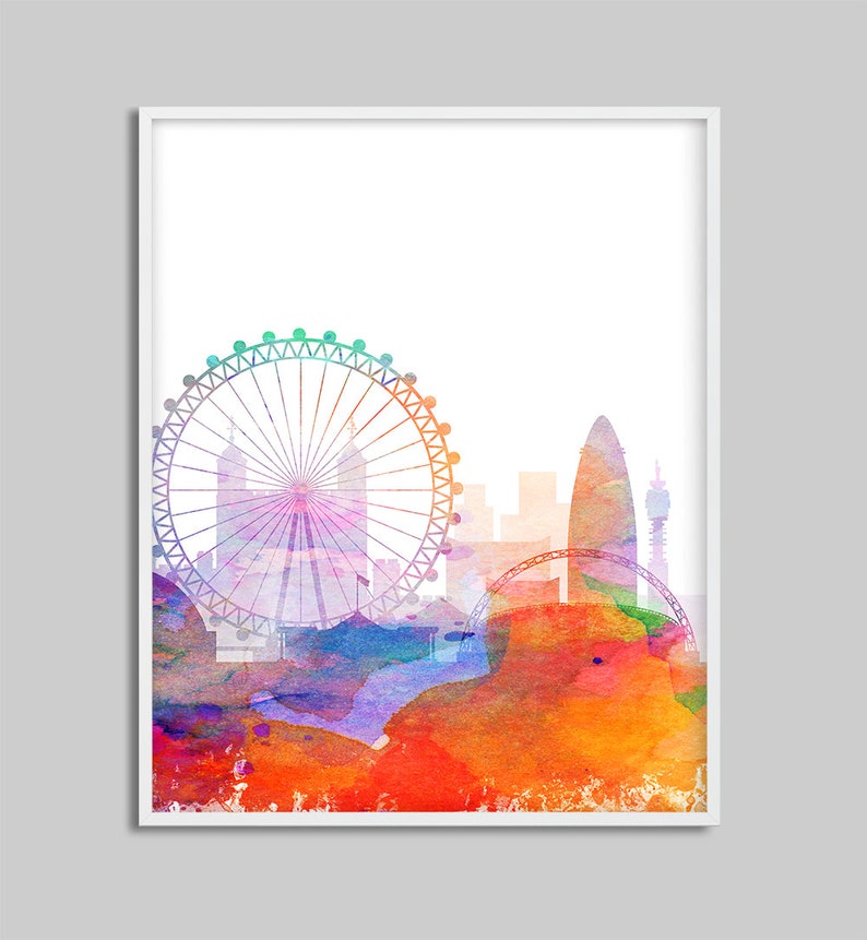 May include: A watercolor painting of the London skyline, featuring the London Eye, Big Ben, and the Shard. The painting is done in a vibrant palette of colors, including red, orange, yellow, green, blue, and purple.