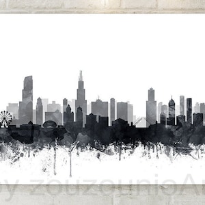 Chicago Skyline Print, Chicago Illinois Cityscape Watercolor Grey Black And White Poster, Modern Wall Art, Home Office Decor, Printable Art