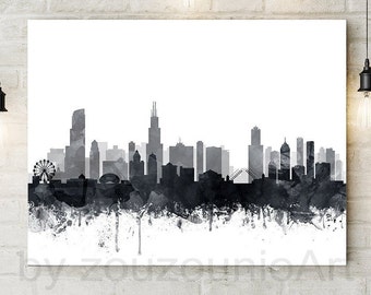 Chicagos silhuetttryck, Chicago Illinois stadslandskap akvarell grå svartvit poster, modern väggkonst, hemmakontorsinredning, utskrivbar konst