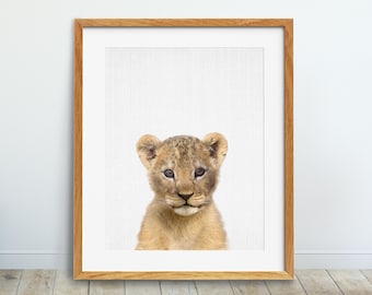 Impresión de león, impresión de león cachorro, decoración de animales de Safari, cartel de león bebé, arte de la pared de la guardería, animales bebés, decoración de la habitación de los niños, arte imprimible digital