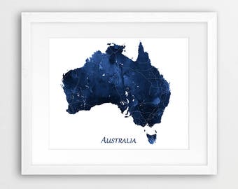 Australien Karte Print, Australien Karte Dekor, Australien Wandkunst, Australien Aquarell Marineblau, Home Office Decor, Reise Poster druckbare Kunst