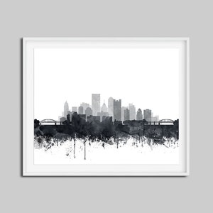 Pittsburgh Skyline Print, Pittsburgh Wall Art, Pennsylvania, Watercolor Grey Black White Poster, Modern Home Decor, Travel, Printable Art image 3