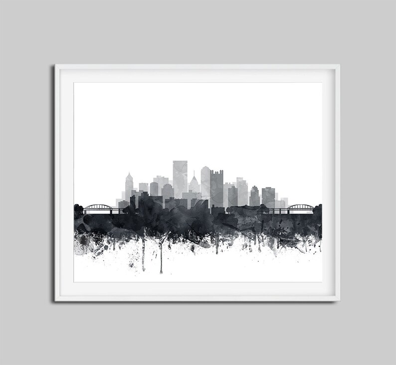 Pittsburgh Skyline Print, Pittsburgh Wall Art, Pennsylvania, Watercolor Grey Black White Poster, Modern Home Decor, Travel, Printable Art image 3