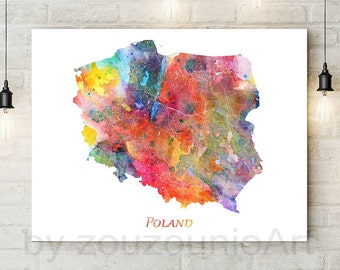 Impresión de mapas de Polonia, Impresión de mapas de carteles de Polonia, Arte de la pared de Polonia, Mapa de acuarela Polonia, Decoración del Ministerio del Interior, Cartel de viaje, Arte imprimible digital