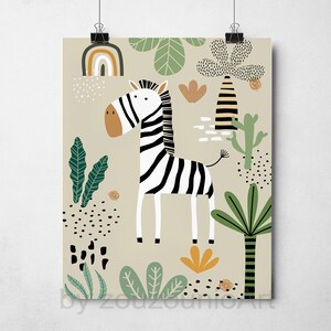 Op de afbeelding: Een schattig zebra met zwart-witte strepen staat in een jungle-omgeving met groene bladeren, een regenboog en een cactus. De achtergrond is licht beige.