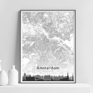 Amsterdam Karte Poster, Amsterdam Skyline, Straßen karte Druck, Schwarz Weiß Amsterdam Niederlande, Moderne Wandkunst, Home Office Dekor, printable