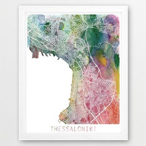 Cartel del mapa urbano de la ciudad de Salónica, impresión del mapa de la calle de Salónica, acuarela Salónica Grecia, decoración moderna del hogar, arte imprimible de viaje