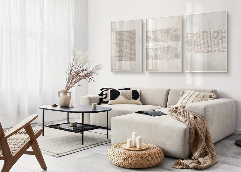 Abstract Neutral Beige Set of 3 Prints, Beige Bedroom Wall Art Prints ...