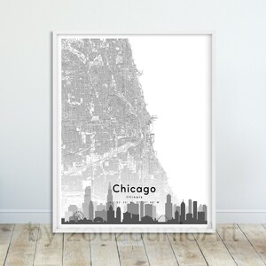 Chicago Map Print, Chicago Skyline Art Poster, Street Map Print, Black White Chicago IL, Modern Wall Art, Home Office Decor, Printable Art