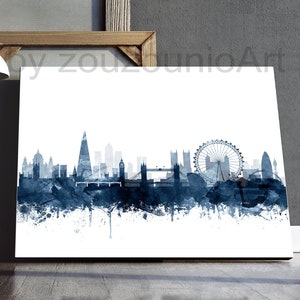 May include: A watercolor painting of the London skyline in shades of blue. The skyline includes the London Eye, Big Ben, and other iconic landmarks. The painting has a white background.