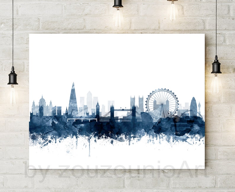 May include: A watercolor painting of the London skyline in shades of blue. The skyline includes iconic landmarks like the London Eye, Big Ben, and the Shard.