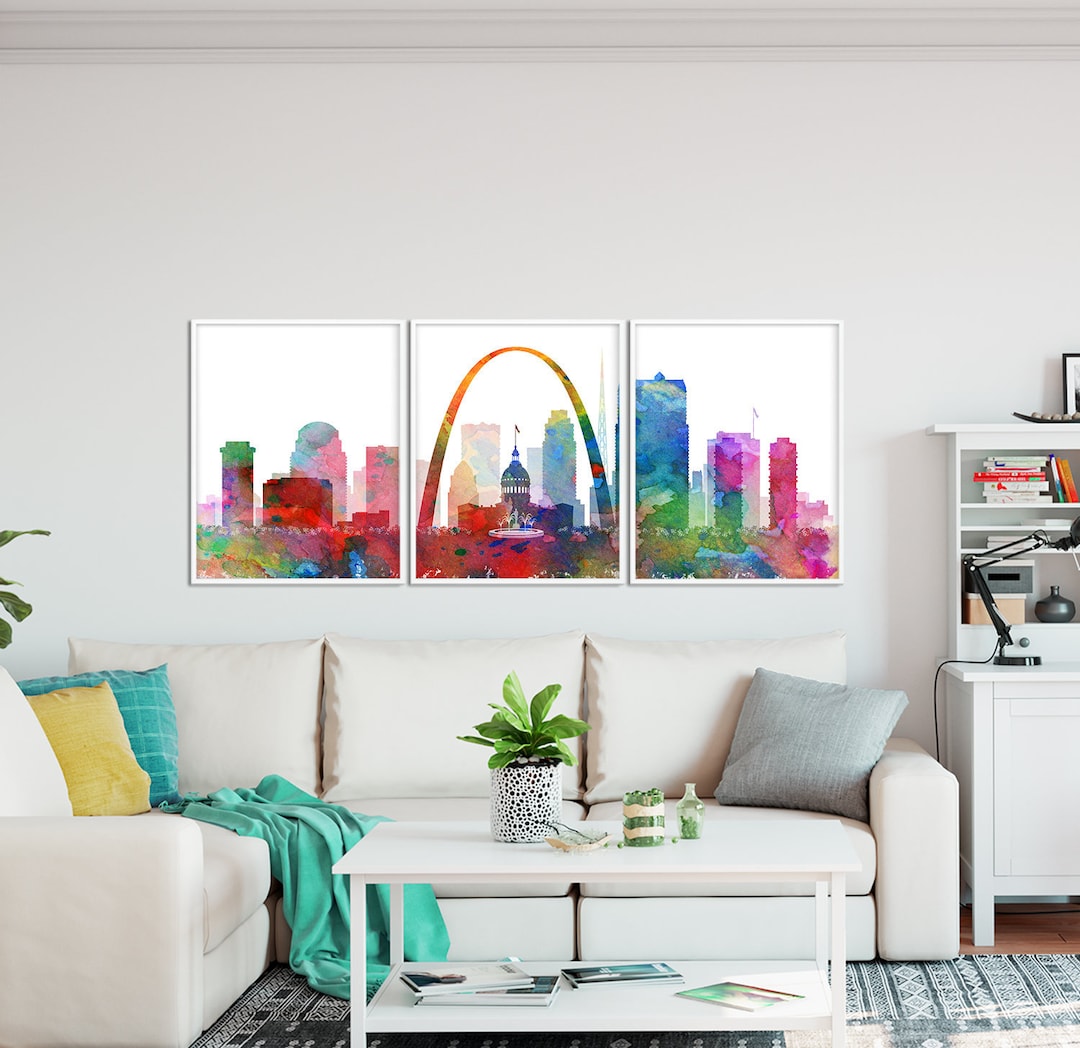 St Louis Print, St Louis Skyline Watercolor Set of 3 Posters, Cityscape ...
