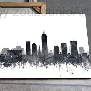Indianapolis Skyline Print, Indianapolis City, Watercolor Grey Black And White, Modern Wall Art, Home Office Decor, Travel Printable Art