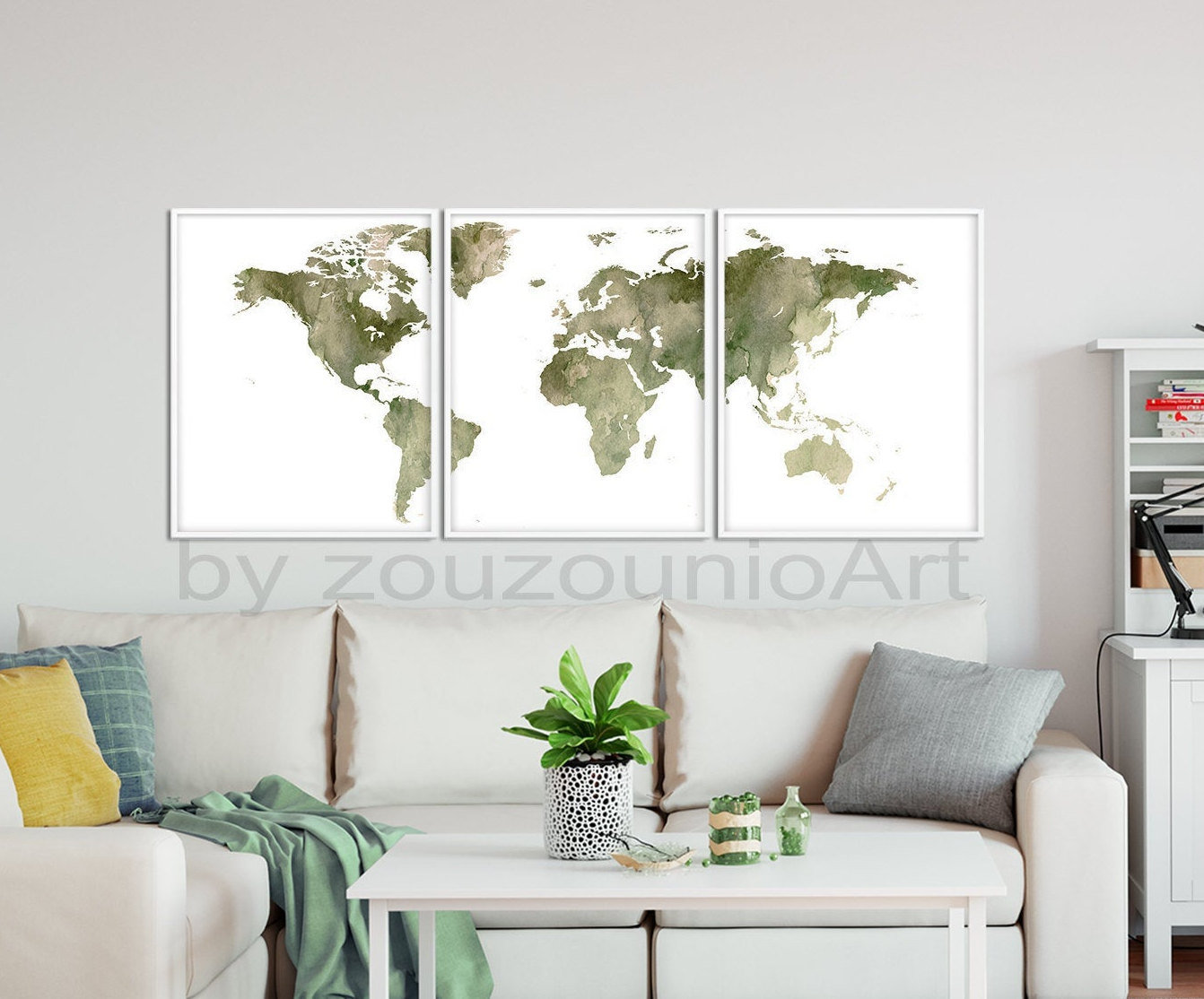 World Map Watercolor Prints, World Map Set of 3, Watercolor Sage Green ...