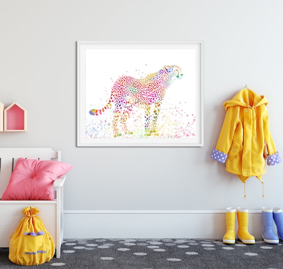 Cheetah Print, Cheetah Poster, Cheetah Silhouette Colorful Watercolor, Nursery Safari Animal Art, Modern Wall Art, Kids Room Printable Art