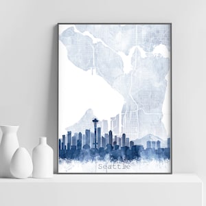Seattle Karte Skyline Druck, Stadtlandschaft Straßen karte Druck, Abstraktes Aquarell Marineblau, Moderne Wandkunst, Home Office Dekor Digitaldruck