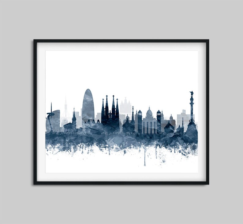 Barcelona Print, Barcelona Skyline Wall Decor, Watercolor Cityscape Barcelona Spain Poster, Navy Blue White, Home Office Decor Printable Art image 5