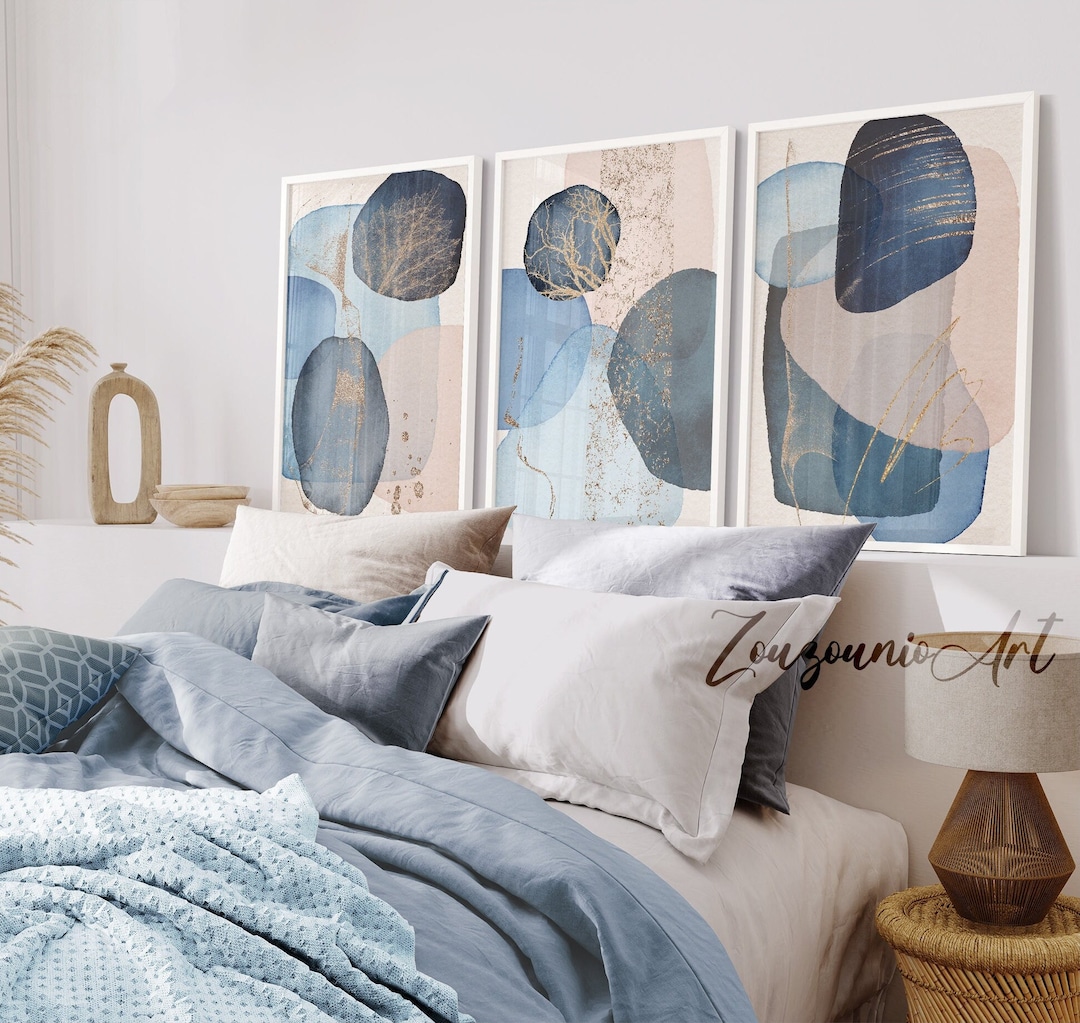 Set of 3 Abstract Prints, Navy Blue Wall Art, Blue Beige Gold ...