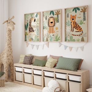 Safari Nursery Boho Beige Prints, Safari Animals Set 3, Giraffe, Lion, Tiger, Boho Nursery Wall Art, Kids Room, Beige Nursery, Printable Art