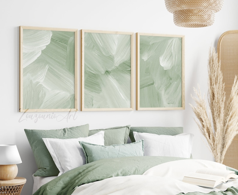 Neutral Sage Green Wall Art Set of 3, Abstract Minimalist, Brushstrokes ...
