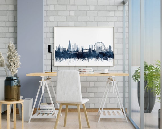 London Skyline Print, Abstract Watercolor Navy Blue, London England Cityscape, Minimalist, Modern Wall Art, Home Office Decor, Printable Art