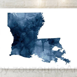 Impression de carte de l'état de la Louisiane, carte silhouette de la Louisiane aquarelle bleu marine, art mural moderne, affiche d'art de l'état des Etats-Unis, décoration de bureau à domicile imprimable