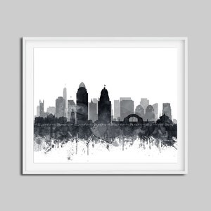 Cincinnati Skyline Print, Cincinnati City Wall Art, Cincinnati Ohio, Watercolor Grey Black White, Modern Home Decor, Travel, Printable Art image 3