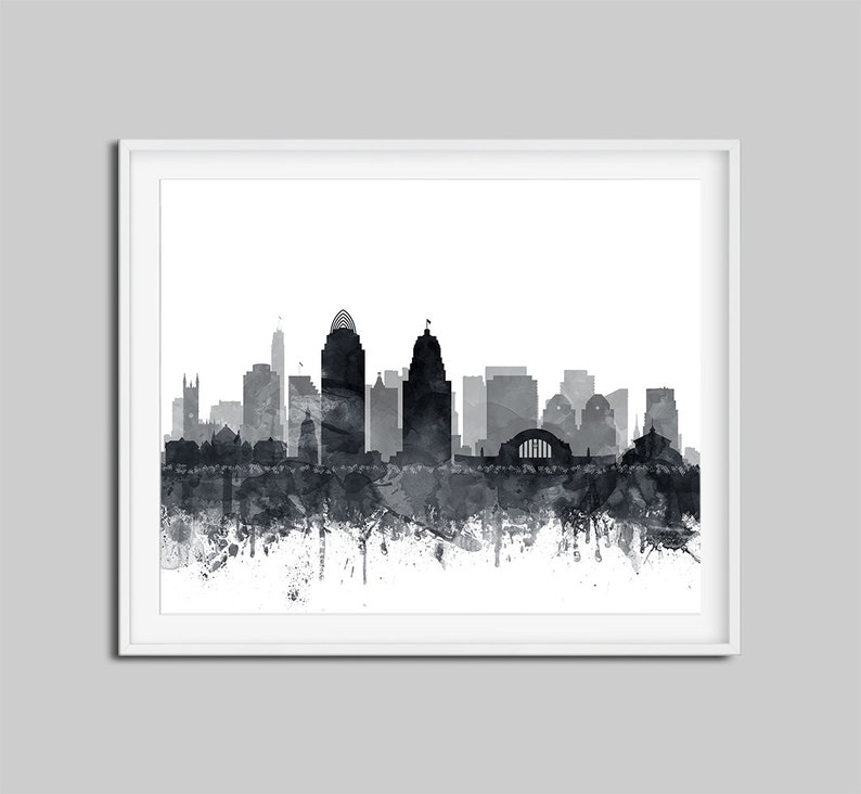 Cincinnati Skyline Print, Cincinnati City Wall Art, Cincinnati Ohio, Aquarelle Gris Noir Blanc, Modern Home Decor, Travel, Printable Art image 3