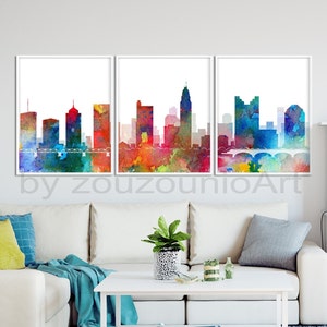 Columbus Skyline Print, Columbus Set of 3 Art Poster, Columbus Ohio Watercolor Triptych, Modern Wall Art, Home Office Decor, Printable Art
