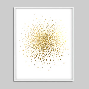 Puede incluir: Una impresi&oacute;n enmarcada en blanco con un dise&ntilde;o abstracto dorado de un grupo de c&iacute;rculos sobre un fondo blanco.