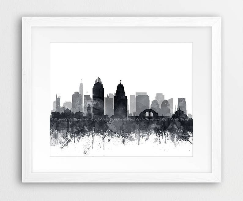 Cincinnati Skyline Print, Cincinnati City Wall Art, Cincinnati Ohio, Aquarelle Gris Noir Blanc, Modern Home Decor, Travel, Printable Art image 5