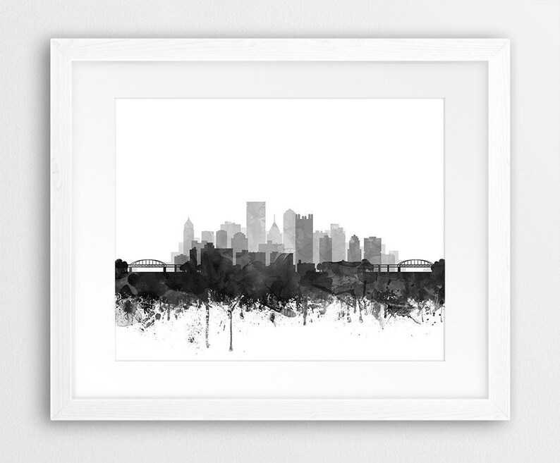 Pittsburgh Skyline Print, Pittsburgh Wall Art, Pennsylvania, Watercolor Grey Black White Poster, Modern Home Decor, Travel, Printable Art image 5