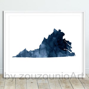 Virginia State Map Print, Virginia State Silhouette Navy Blue Aquarelle Map, Modern Wall Art, USA State Poster, Home Office Decor Printable