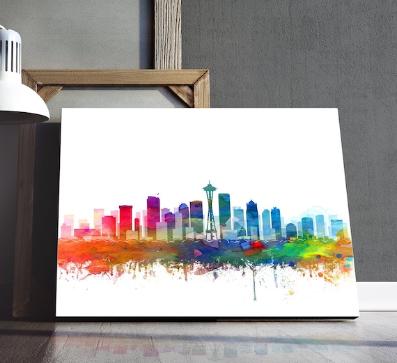 Seattle Washington Cityscape Watercolor Art Print Wedding Gift Seattle Skyline