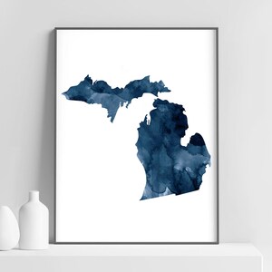 Impression de carte d'art de l'état du Michigan, carte aquarelle bleue du Michigan, impression d'état de la silhouette, art mural moderne, affiche de l'état des Etats-Unis, décoration d'intérieur imprimable