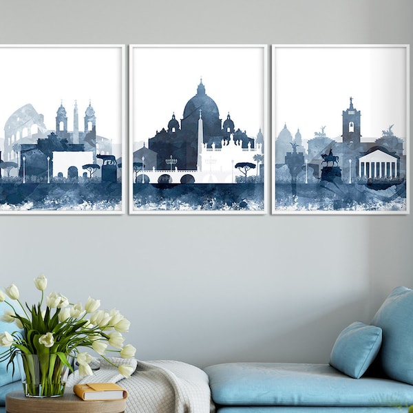 Rome Skyline Set of 3, Rome Art Print, Aquarelle Marine Blue Triptyque, Rome Italie Cityscape, Moderne, Home Office Decor, Digital Printable Art