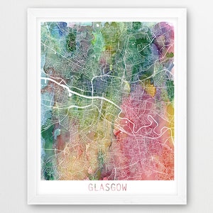 Glasgow City Urban Map Poster, Glasgow Street Map Print, Watercolor Glasgow Scotland UK, Modern Art, Home Decor, Travel Poster Printable Art