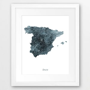Spain Map Print, Spain Watercolor Map Print, Spain Wall Art, Spain Watercolor Map Grey Blue Indigo, Home Decor, Travel Poster, Printable Art