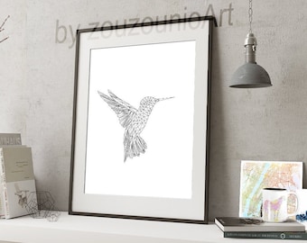 Hummingbird Geometric Print, Colibri Bird Black And White, Hummingbird Wall Art, Nursery Decor, Modern Home Decor, Digital Printable Art