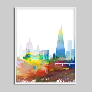 May include: Watercolor painting of the London skyline, featuring the Shard, Big Ben, and other iconic buildings. The painting is done in a vibrant palette of blues, greens, yellows, and reds.